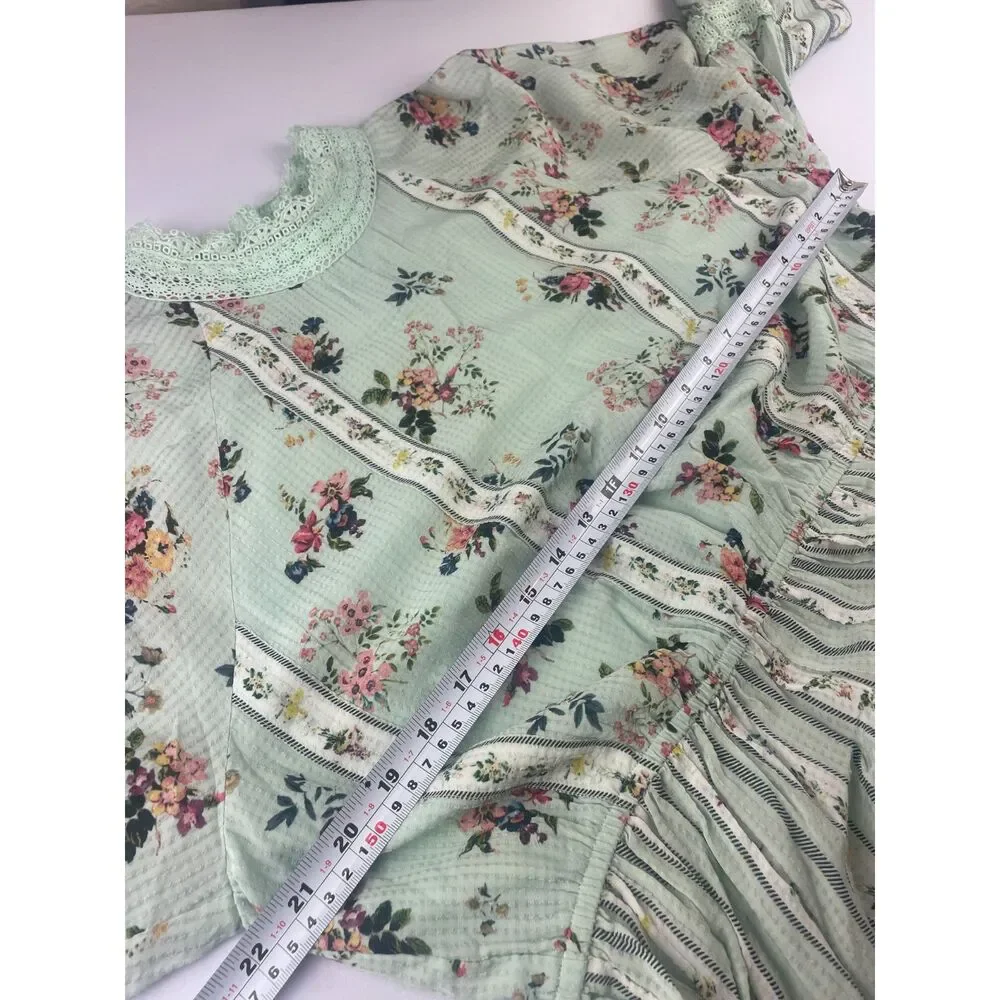 ~ Anthropologie XL Hemant & Nandita Blouse Floral Mint Lace Aqua Green Elastic - Picture 8 of 16